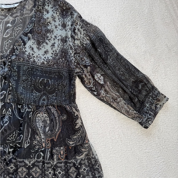 ZARA Boho Paisley Tiered Mini Dress Size M Sheer Long Sleeve Babydoll Tunic - Picture 7 of 16